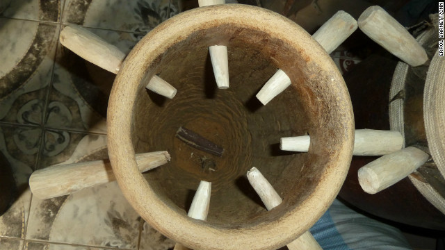 <br/>Wooden inserts are twisted to tune the sabar.