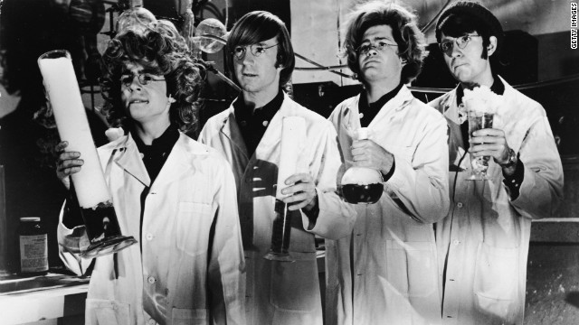 <br/>The Monkees dressed as "mad scientists" in the early 1970s for their television show. 