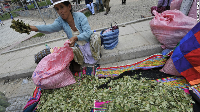 peddler sells coca leaves as thousands of coca producers march in support of the 'acullicu' (coca leaves chewing), on March 12 in La Paz. 