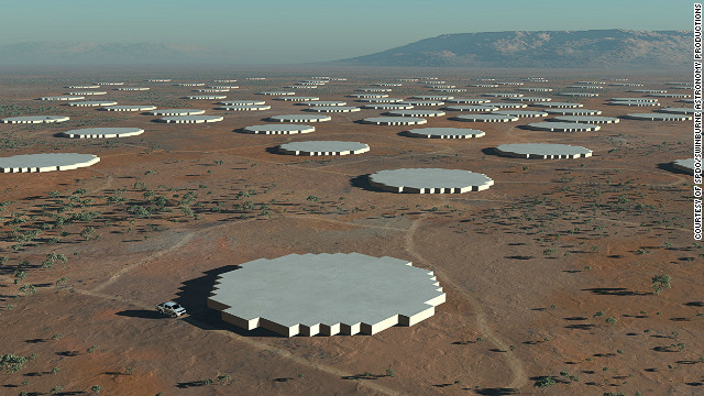 In addition to 3,000 dishes there will be two sets of aperture array antennas -- dense (pictured in this CGI) and sparse -- which will pick up lower frequencies.