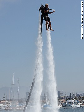 A man tries out the Jetlev water jet pack. First-time "flyers" can reach up to 15 feet; the jet pack can propel flyers a maximum of 30 feet high.