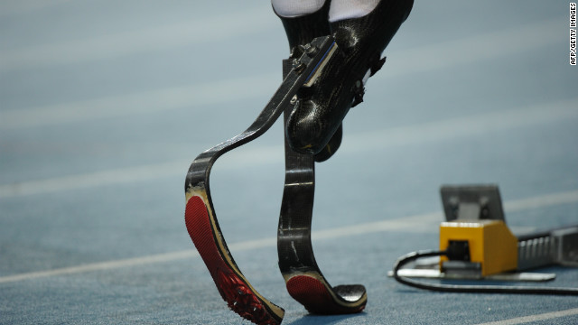 A close of view of the specially designed prosthetic carbon-fiber blades which Pistorius uses for track and field events. 