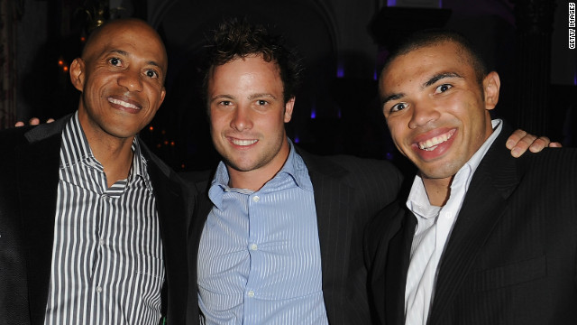 Pistorius with one of his sporting heroes, Namibian sprint star Frankie Fredericks, and South African rugby player Bryan Habana, right.