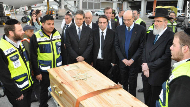 The coffins containing the bodies of the victims of the shooting at the Ozar Hatorah Jewish school arrive at Ben Gurion Airport, Israel from France on March 20. They were buried in Jerusalem on Wednesday.