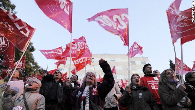 People demonstrate in Madrid on Thursday during a national strike to protest the labour reforms.