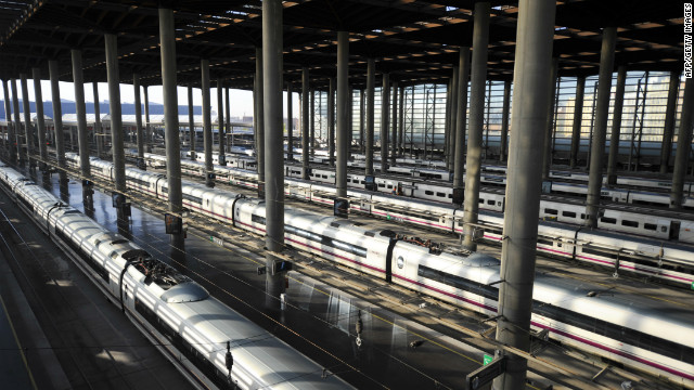 High-speed trains are blocked at Atocha railway station as a strike brings Madrid to a standstill on March 29.