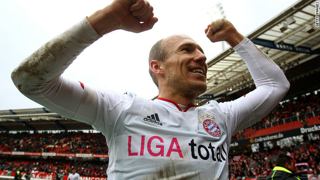 Goal scorer Arjen Robben celebrates Bayern Munich's win against Nuremberg on Saturday