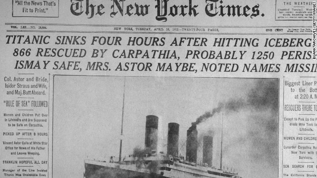 The April 16,1912 front page of The New York Times announces the sinking of the Titanic.
