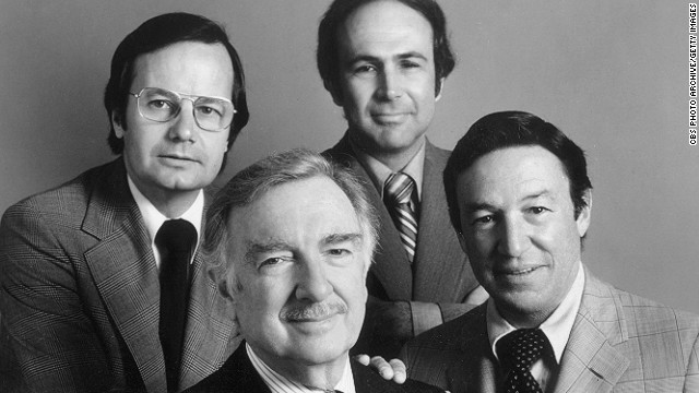 Bill Moyers, from left, Walter Cronkite, Morton Dean and Wallace pose in a 1975 promotional photo of CBS News correspondents covering the Republican National Convention. 