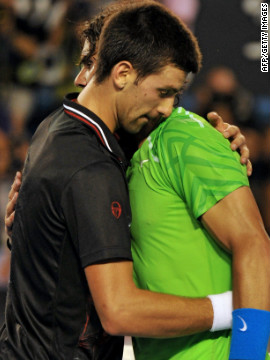 Rivals Novak Djokovic and Rafael Nadal embrace during the final of the Australian Open in Melbourne on January 30 this year. The match was the longest in grand slam history at five hours and 53 minutes. Djokovic won 5-7 6-4 6-2 6-7 7-5.