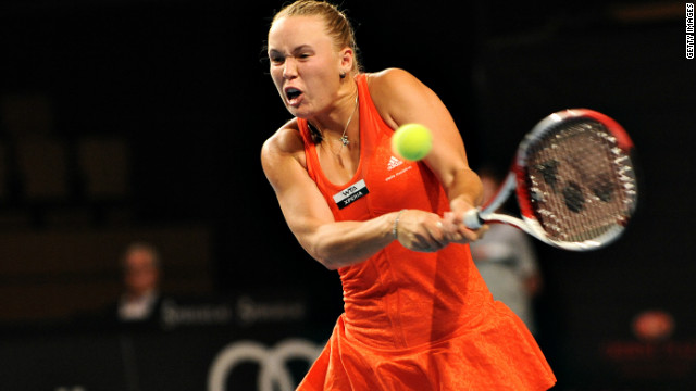 Caroline Wozniacki plays a powerful ground stroke during her straight sets win in Copenhagen.