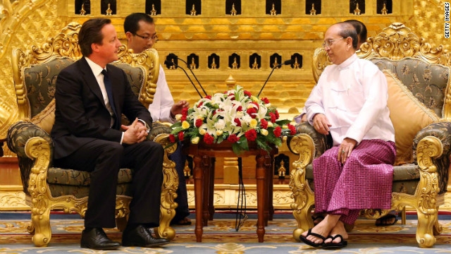 British Prime Minister David Cameron, left, meets with Thein Sein, the president of Myanmar, on Friday.