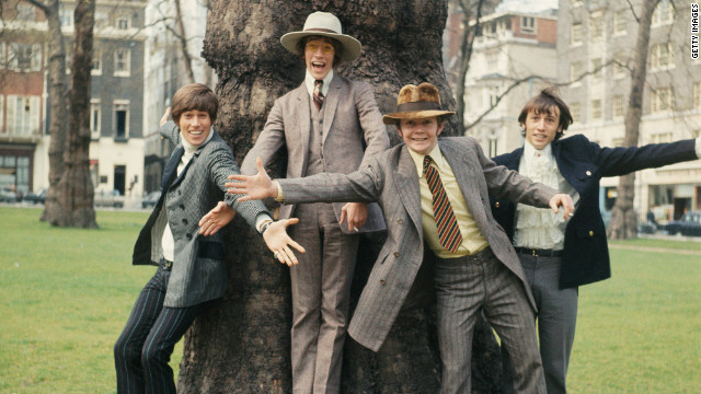 The Bee Gees pose in London in 1967. From left to right, Barry Gibb, Robin Gibb, drummer Colin Peterson and Maurice Gibb.