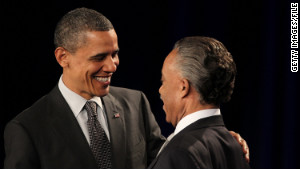 President Barack Obama greets Sharpton at a National Action Network anniversary function last year.