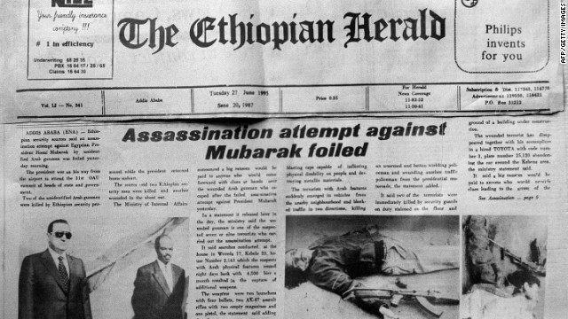 The front page of the Ethiopian Herald reports a foiled assassination attempt on Egypt's president on June 27, 1995. Mubarak survived an attempt by an al Qaeda-affiliated group in Addis Ababa, Ethiopia.