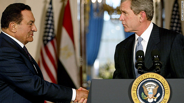 U.S. President George W. Bush greets Mubarak at the White House in 2002 to talk about the Middle East crisis and the war in Afghanistan.