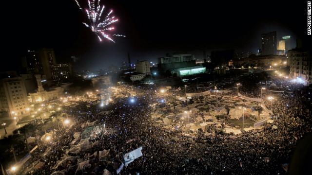 After weeks of Egyptians protesting Mubarak's 29-year reign, the president steps down from office on February 11, 2011, causing celebrations in Cairo's Tahrir Square.