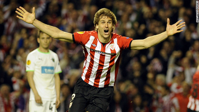 Fernando Llorente wheels away in delight after scoring the goal that sent Atheltic Bilbao into the Europa League final