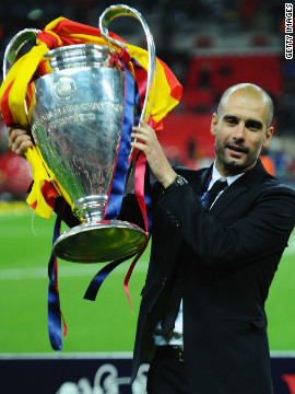 Guardiola lifts the 2011Champions League trophy after Barca beat Manchester United at Wembley. The 41-year-old has earned a reputation as a coach who prepares meticulously for matches. 