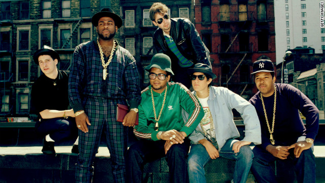 The Beastie Boys are shown here with fellow rap pioneer group Run-DMC in 2001.