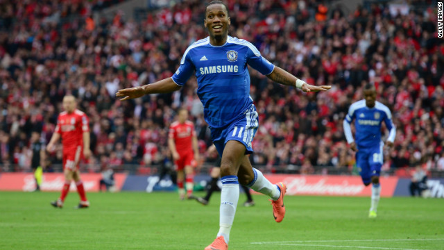 Drogba celebrates after doubling Chelsea's lead, following up a first-half goal by Ramires. Both players scored in the Champions League semifinal matches against Barcelona. 