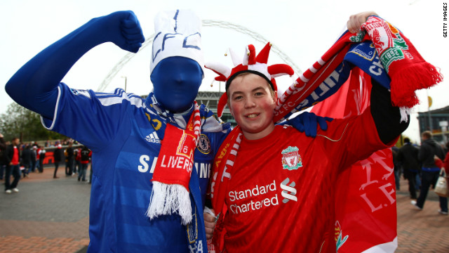 Liverpool and Chelsea fans enjoy the atmosphere prior to the final. A lack of train services due to Monday's public holiday meant that Liverpool fans faced a long trip home after the match.