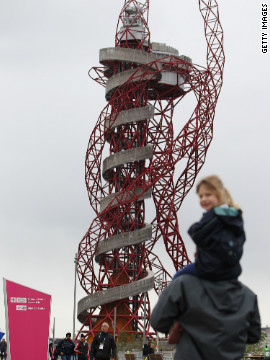 A sculpture by Turner Prize-winning artist Anish Kapoor looms over the Olympic Park. The 115-meter ArcelorMittal Orbit includes two viewing platforms for spectators to view the site.