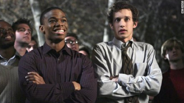  "Greek's" Calvin Owens, left, played by Paul James, originally struggled to come out to his Omega Chi fraternity brothers on the show, which aired on ABC Family from 2007 to 2011.