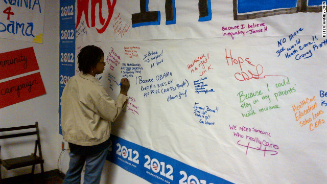 A woman expresses her support for President Obama at his campaign's office in Henrico County, Virginia.