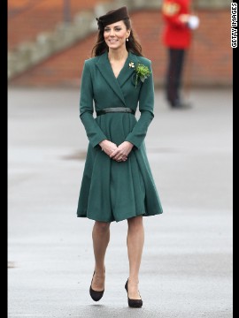 Kate donned a belted emerald coat by Emilia Wickstead on St. Patrick's Day in Aldershot, England. She accessorized her ensemble with a gold shamrock brooch -- a royal heirloom, according to<a href='http://www.telegraph.co.uk/news/uknews/theroyalfamily/9150267/Duchess-of-Cambridge-presents-St-Patricks-Day-shamrock-to-Irish-Guards.html' > The Telegraph.</a>