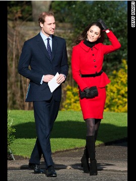 Kate, dressed in a red coat, and her then-fiancé visited the University of St. Andrews in Fife, Scotland, in February 2011. The couple met while studying at the university.