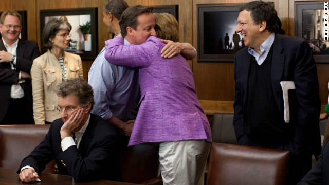 Despite England's Chelsea overcoming Bayern of Germany, Cameron and Merkel were able to embrace at the end of a thrilling contest.