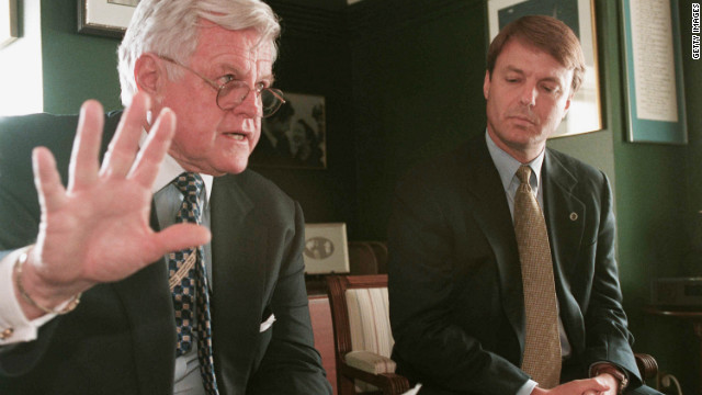 Sen. Edward Kennedy of Massachusetts and Edwards at a news briefing in Kennedy's office in 2001.