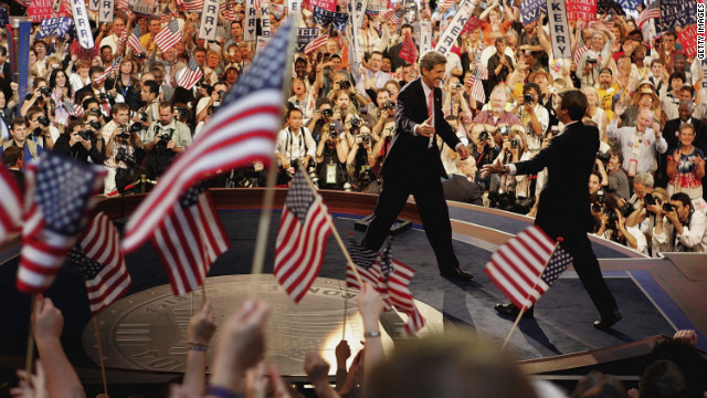 Sen. John Kerry, the 2004 Democratic presidential candidate, greets his running mate, Edwards, at the Democratic National Convention in Boston. 