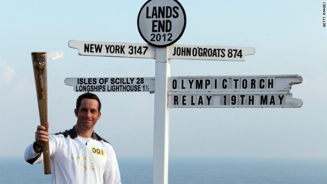 Olympic gold medal sailor Ben Ainslie is the first relay runner on British soil. The flame began its journey at Land's End, the most westerly tip of mainland Britain. 