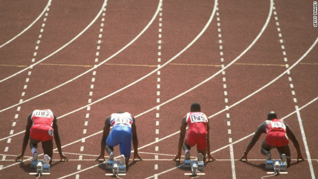 The 1988 100 meters final was arguably the most anticipated in the sport's history. Johnson (far right) and Lewis (far left) were the favorites, along with Calvin Smith (second from right) from the U.S. and a young Linford Christie (second from left) from Great Britain. 