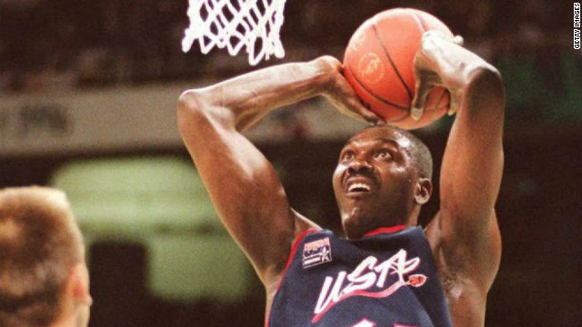 Olajuwon shoots to score for the United States during a 1996 Olympic Games match against Croatia. The "Dream Team" won gold on their home courts.