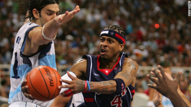 Luis Scola gets up close to Allen Iverson during Argentina's semifinal win over the United States at the 2004 Athens Olympics.