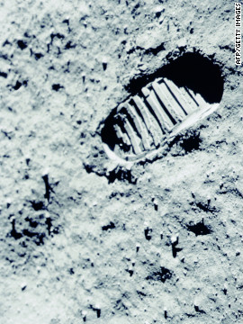 Neil Armstrong (whose footprint is shown on the moon's surface) had to override the Eagle lunar module's autopilot in order to prevent the craft from landing on the slope of a crater.