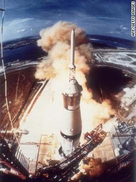 The Saturn V rocket carrying the crew of Apollo 11 takes off from Pad A, Launch Complex 39 at the Kennedy Space Center.