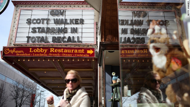 The marquee at the Orpheum Theatre in Madison, Wisconsin, mocks Walker with "Total Recall" movie reference on March 11, 2011.