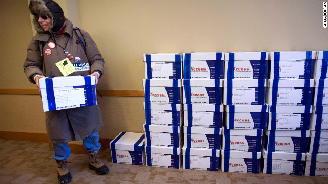 Recall propnents deliver over 900,000 certified signatures in support of the recall to the Government Accountability Offices in Madison, Wisconsin on January 17, 2011.