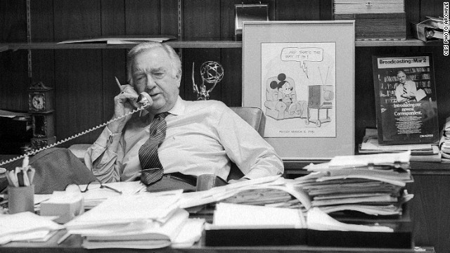Cronkite takes a phone call in his office on March 6, 1981, the day of his final broadcast as anchor of the CBS Evening News.