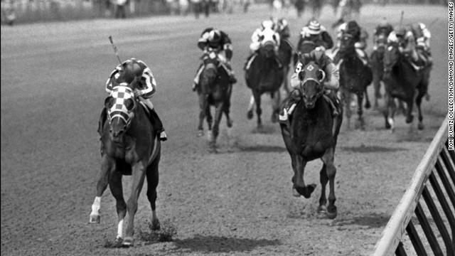 Secretariat, left, heads to victory with jockey Ron Turcotte at the Kentucky Derby in 1973. Considered by many to be the greatest racehorse of all time, Secretariat still holds the record for the fastest times in all three Triple Crown races. He won the Belmont Stakes by an astounding 31 lengths.