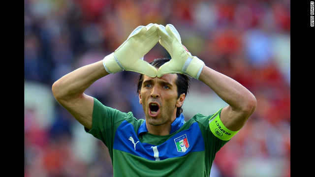 Italy's Gianluigi Buffon gestures duriing the match against Spain.
