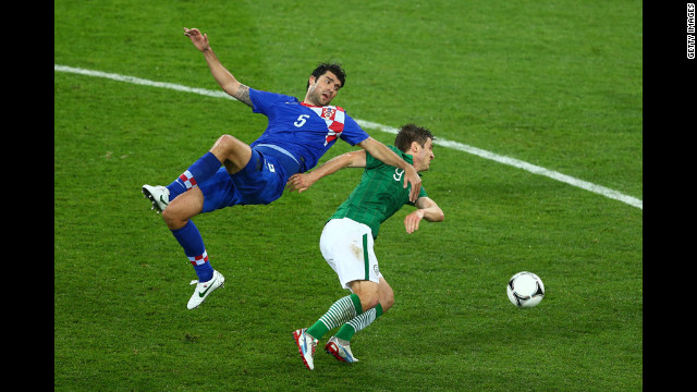 Kevin Doyle of Ireland and Vedran Corluka of Croatia battle for the ball in Poznan, Poland, on Sunday, June 10. 