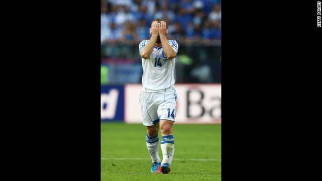 Greece's Dimitris Salpigidis reacts during Tuesday's match. His team went on to lose 2-1 to the Czech Republic.
