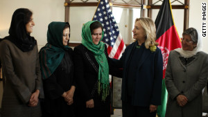 Secretary of State Hillary Clinton meets with Fawzia Koofi and other Afghan women during at the U.S. Embassy in Kabul in October 2011.