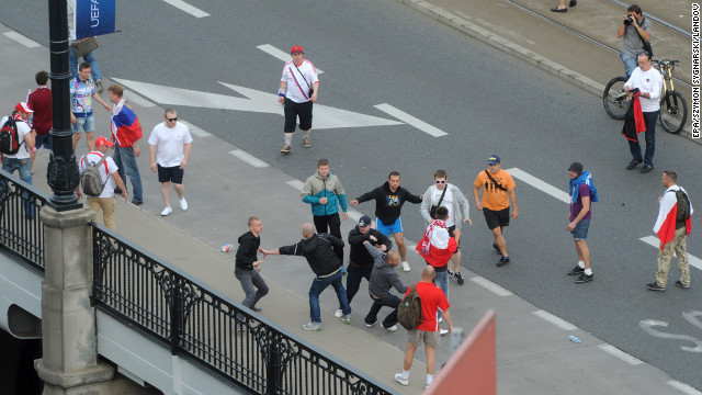 Polish and Russian fans clash during a march of Russian supporters to the National Stadium in Warsaw.