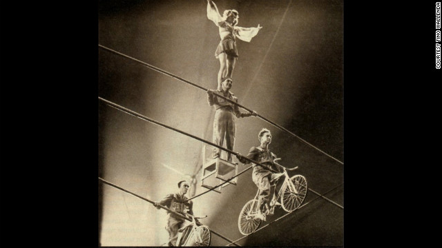 The Wallendas perform the four-person pyramid, one of their signature acts. In 1948, the team created a seven-person pyramid.
